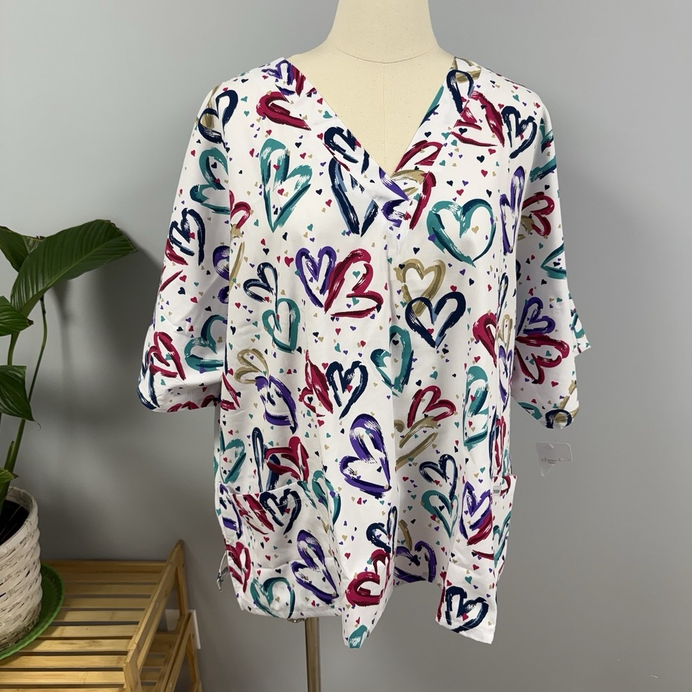 NWT Cherokee Scrub Top 5X Painted Hearts On White Printed Cotton Scrubs Nurse